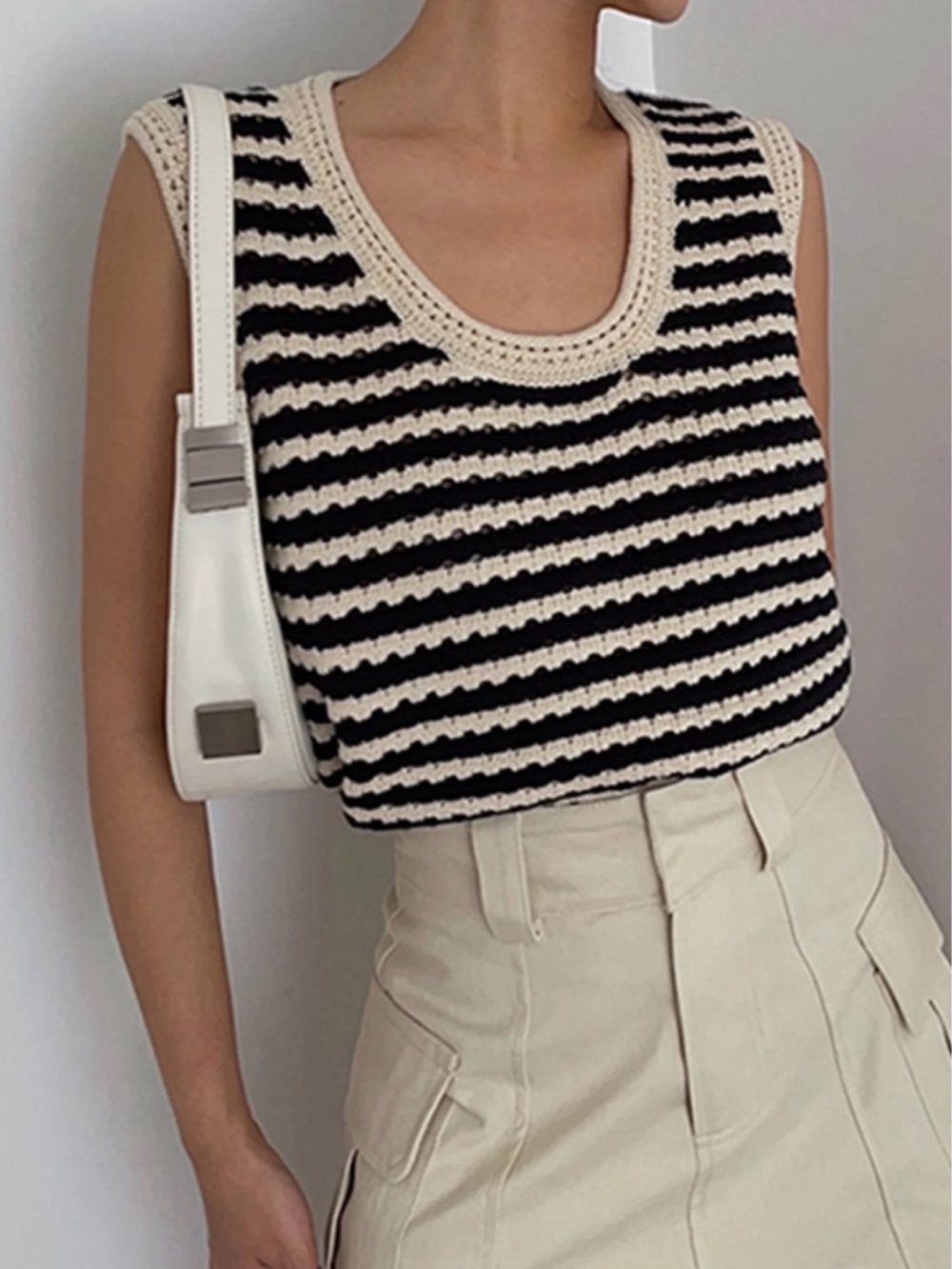 Commense Striped Crochet Knit Tank Top Sweater
